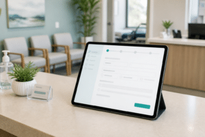 Tablet on a clinic desk showing a digital pre-visit patient form workflow