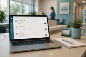 Medical practice admin reviewing and responding to patient reviews on a laptop at a clinic desk