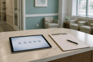 Tablet and clipboard on a quiet medical reception desk for a review-request workflow