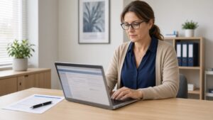 Practice manager reviewing a blurred laptop screen and a printed page before approving a reply