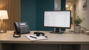 After-hours medical front desk with a headset and phone used for outbound reminder calls