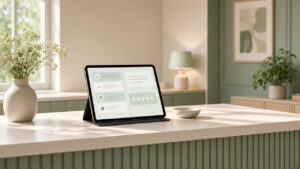 Front desk tablet showing a messaging and review-request workflow in a medical practice