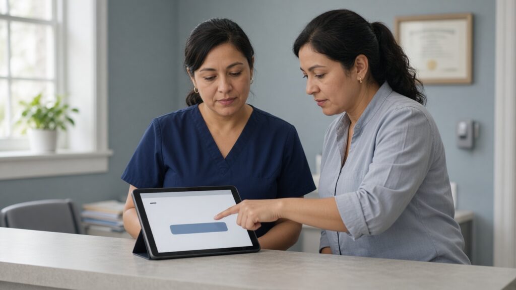Front desk staff using tablet patient intake software during clinic check-in
