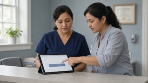 Front desk staff using tablet patient intake software during clinic check-in