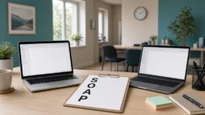 Shared clinic workstation with two laptops and a SOAP note template for multi-practitioner documentation