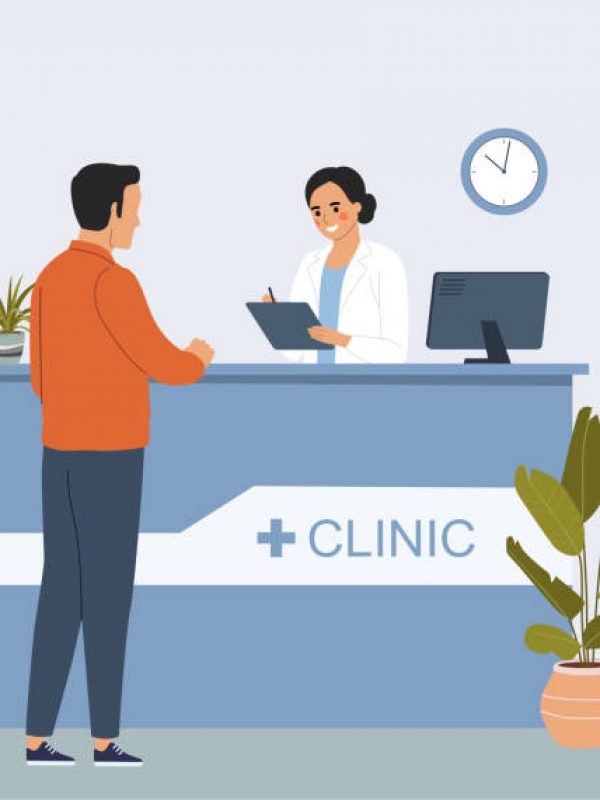Man at the reception desk in the interior of the hospital. Vector flat style cartoon illustration.